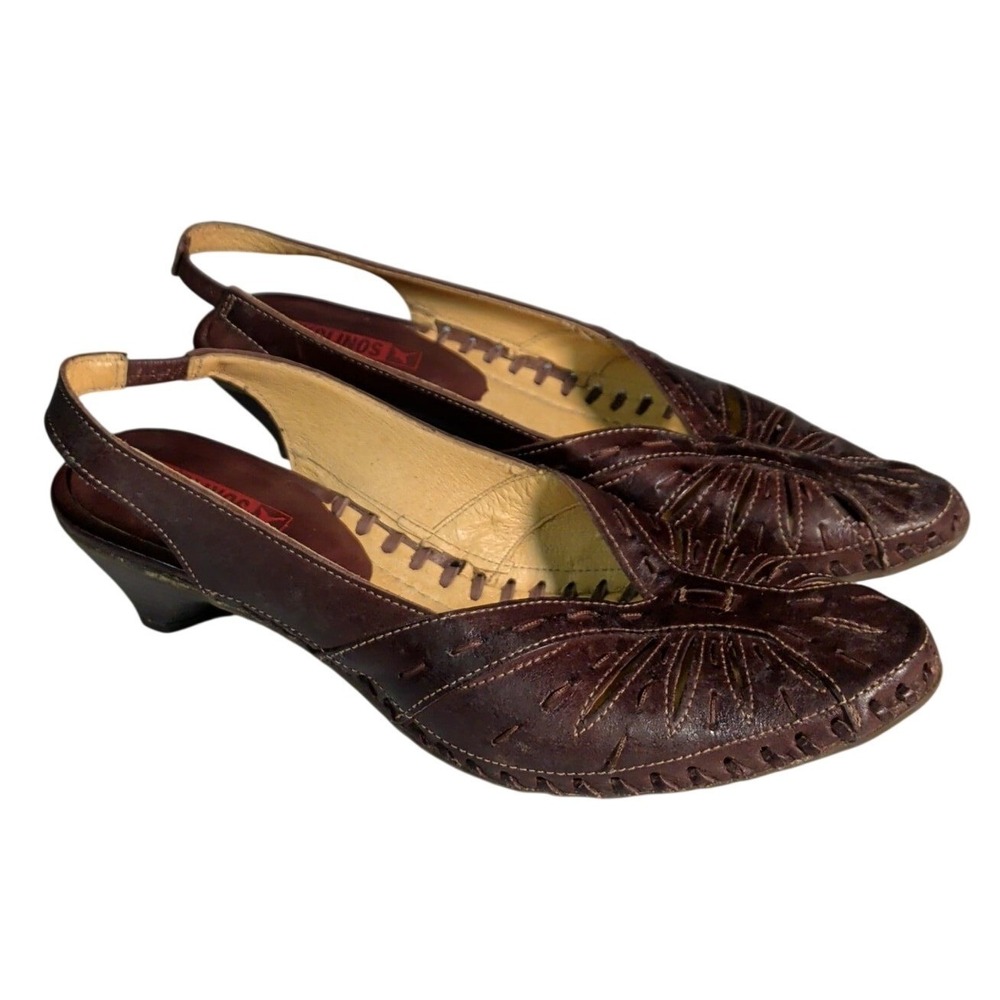 Pikolinos Sling-back Sandals Womens Size 8.5 EU 39 Kitten Heel Brown Leather